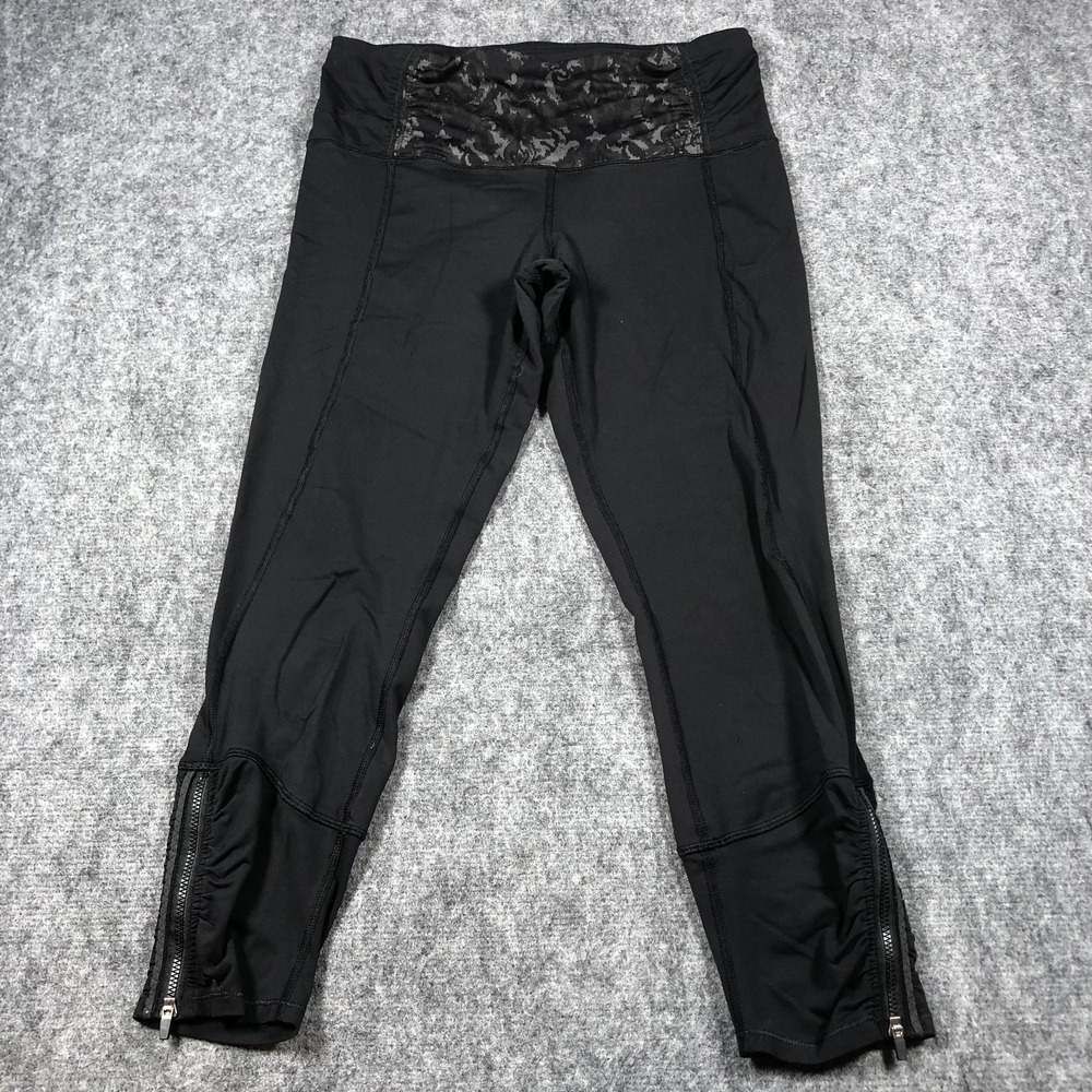 Lululemon Pants Womens M 8 Black Crop Zipper Lace Waistband‎ Activewear Yoga Gym